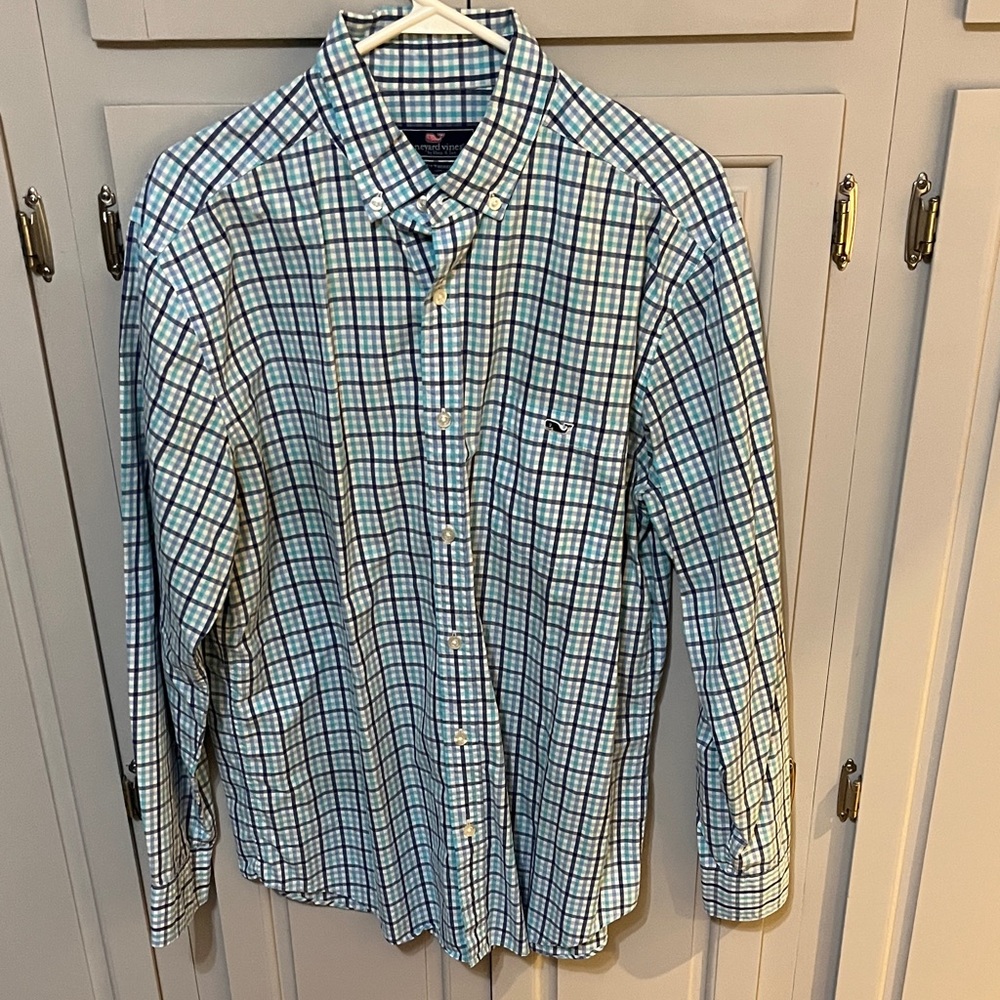 Vineyard Vines Plaid Button-Down Shirt in Blue and White,mens large, 100% cotton